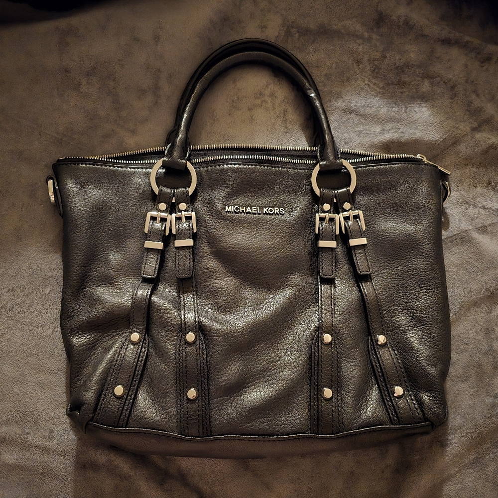 MICHAEL KORS 2013 Leight Black Leather Satchelwith Studs and Buckle